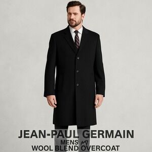 Jean-Paul Germain Men's 44L Black Wool Blend Overcoat Classic Formal Peacoat